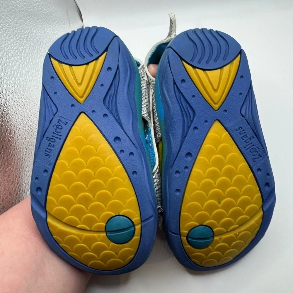 Toddler Boy Size 6 Blue and Gray Cartoon Monster Face Water Shoes
